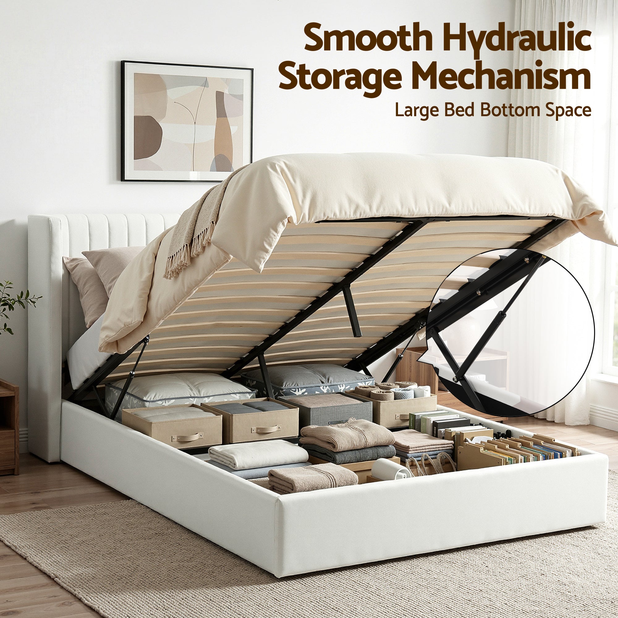 Aria Vertical Tufted Queen Gas Lift Storage Bed Frame – White