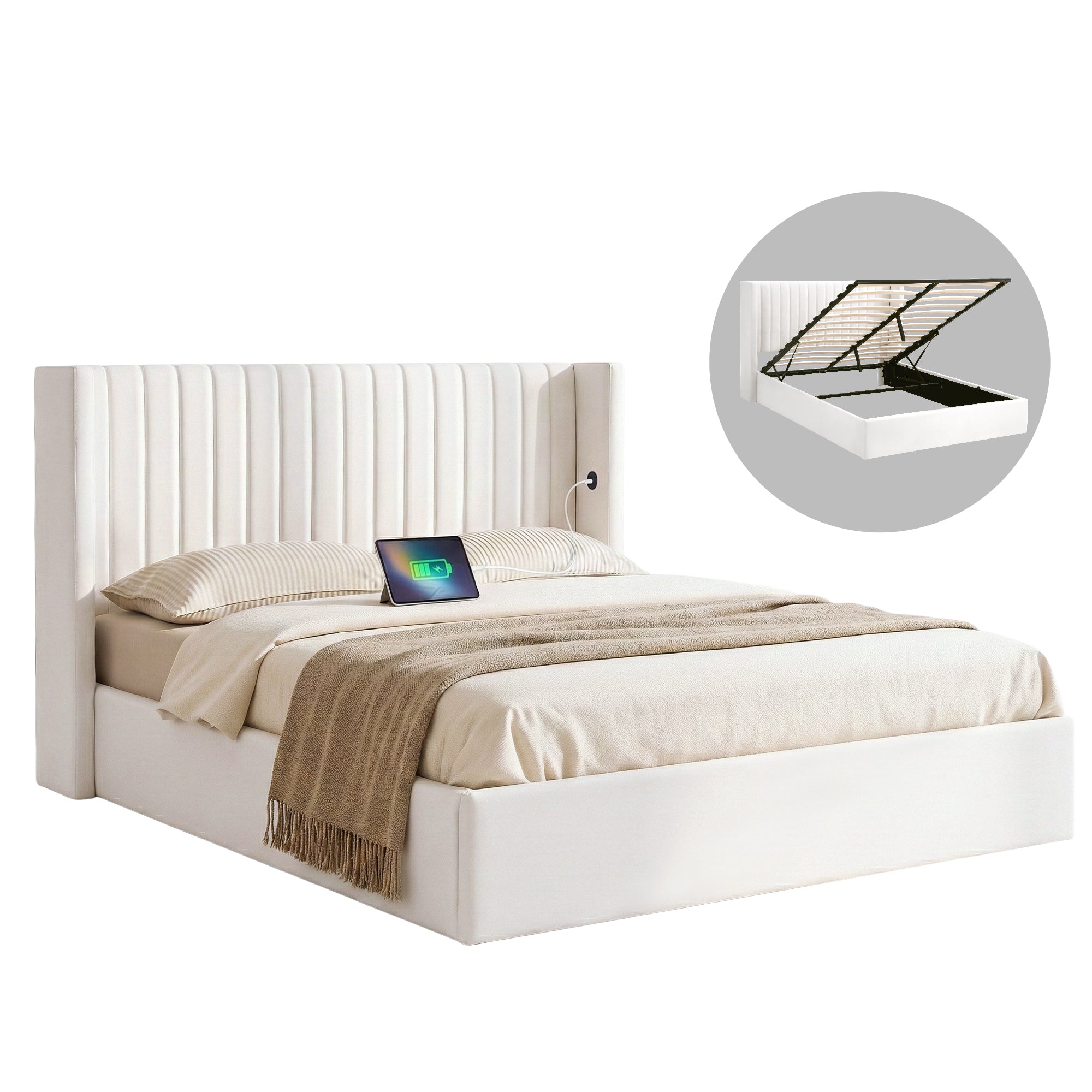 Aria Vertical Tufted Queen Gas Lift Storage Bed Frame – White
