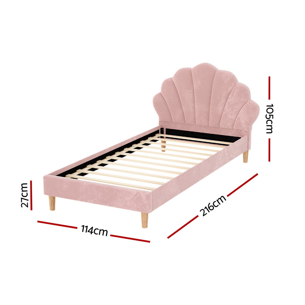 Rosie King Single Bed Frame - Pink Velvet with scalloped headboard, wooden legs, and slatted base, bedroom furniture