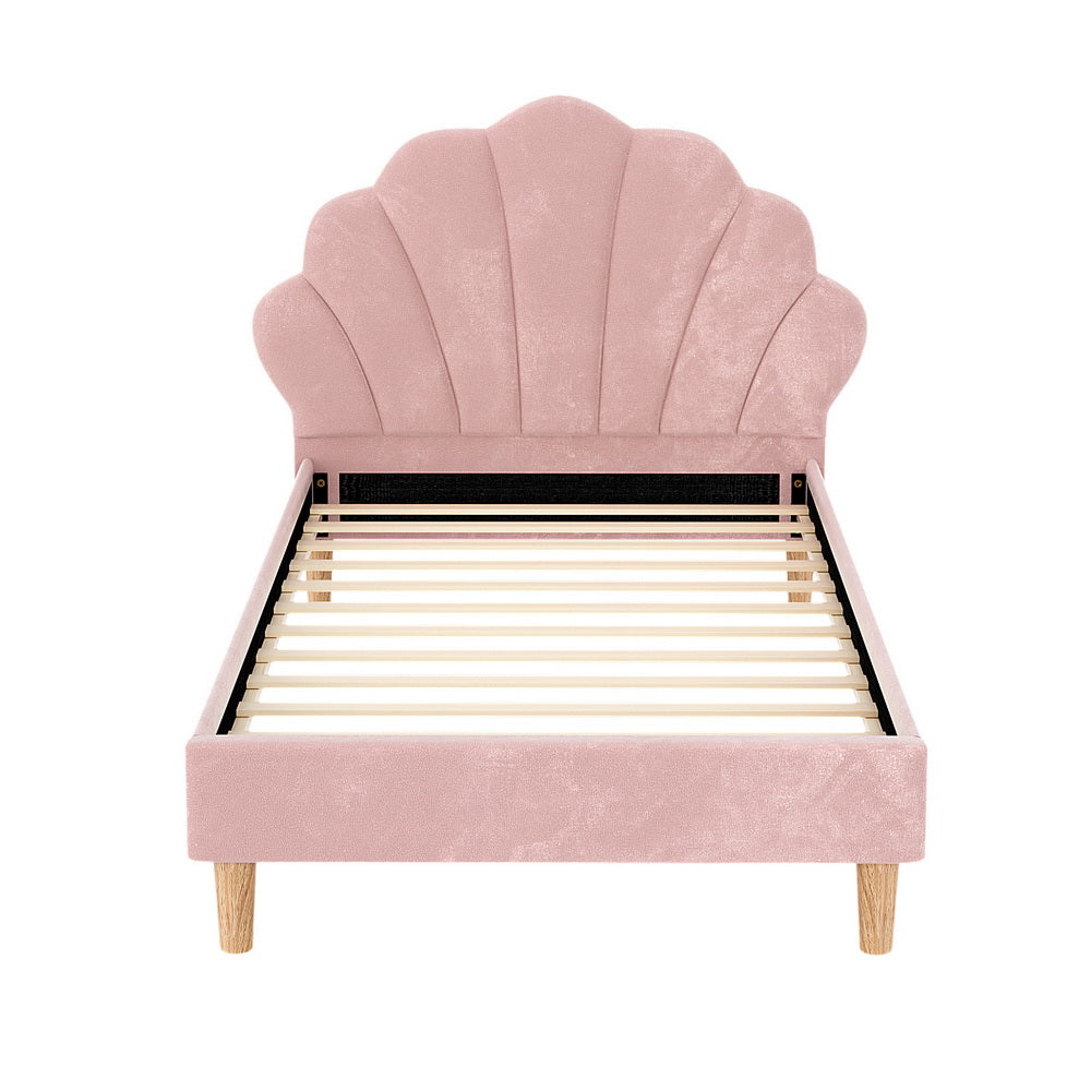Rosie King Single Bed Frame - Pink Velvet with scalloped headboard, wooden slats, and natural wood legs on white background