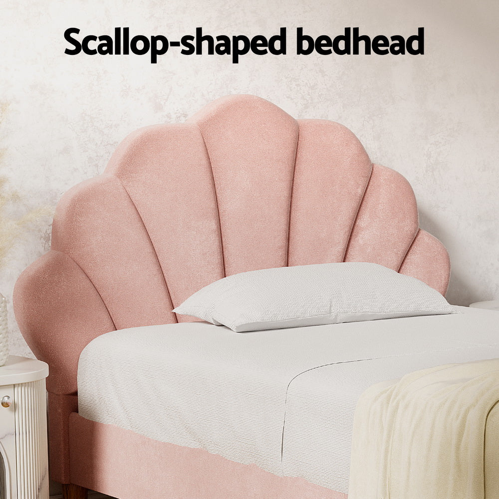Rosie King Single Bed Frame - Pink Velvet with scallop-shaped upholstered headboard in a bedroom setting