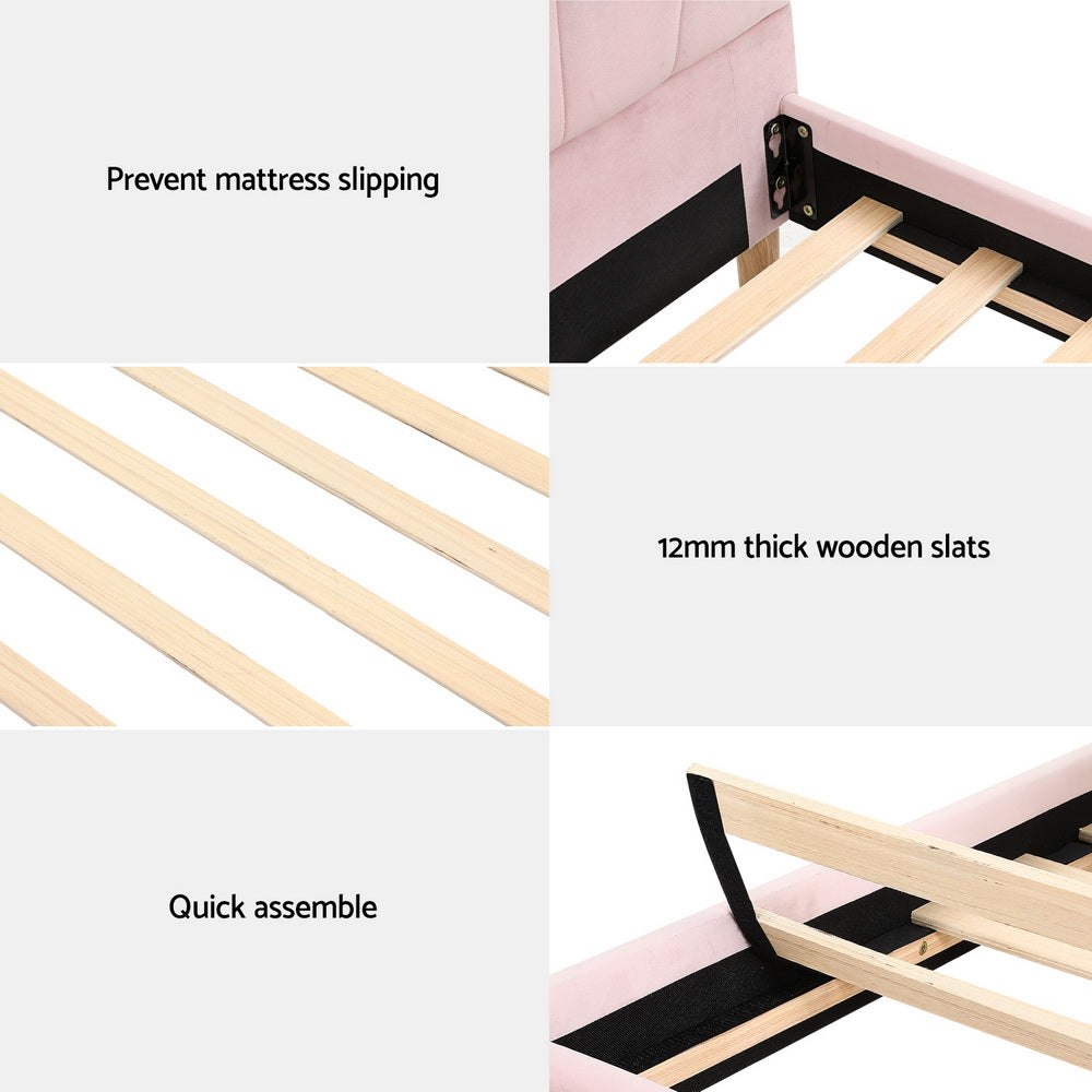 Rosie King Single Bed Frame - Pink Velvet with 12mm wooden slats, mattress anti-slip feature, and quick assembly design