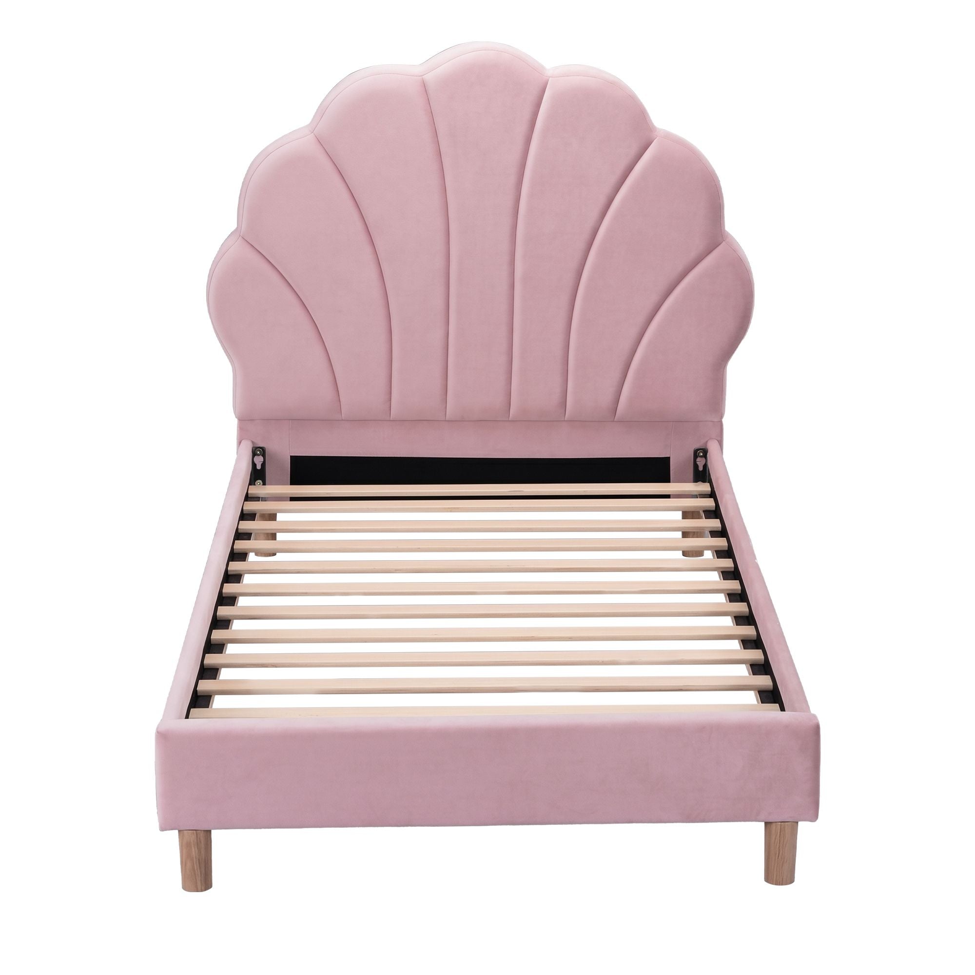 Single Bed Frame Scallop Upholstered Headboard Pink Velvet Platform Base Support up to 180kg