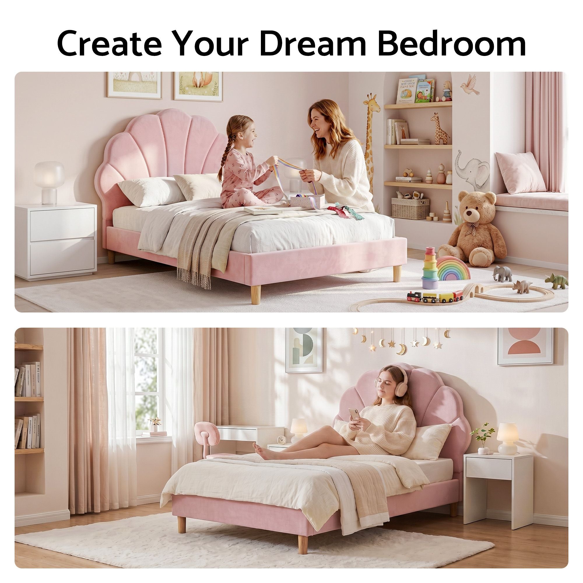 Single Bed Frame Scallop Upholstered Headboard Pink Velvet Platform Base Support up to 180kg