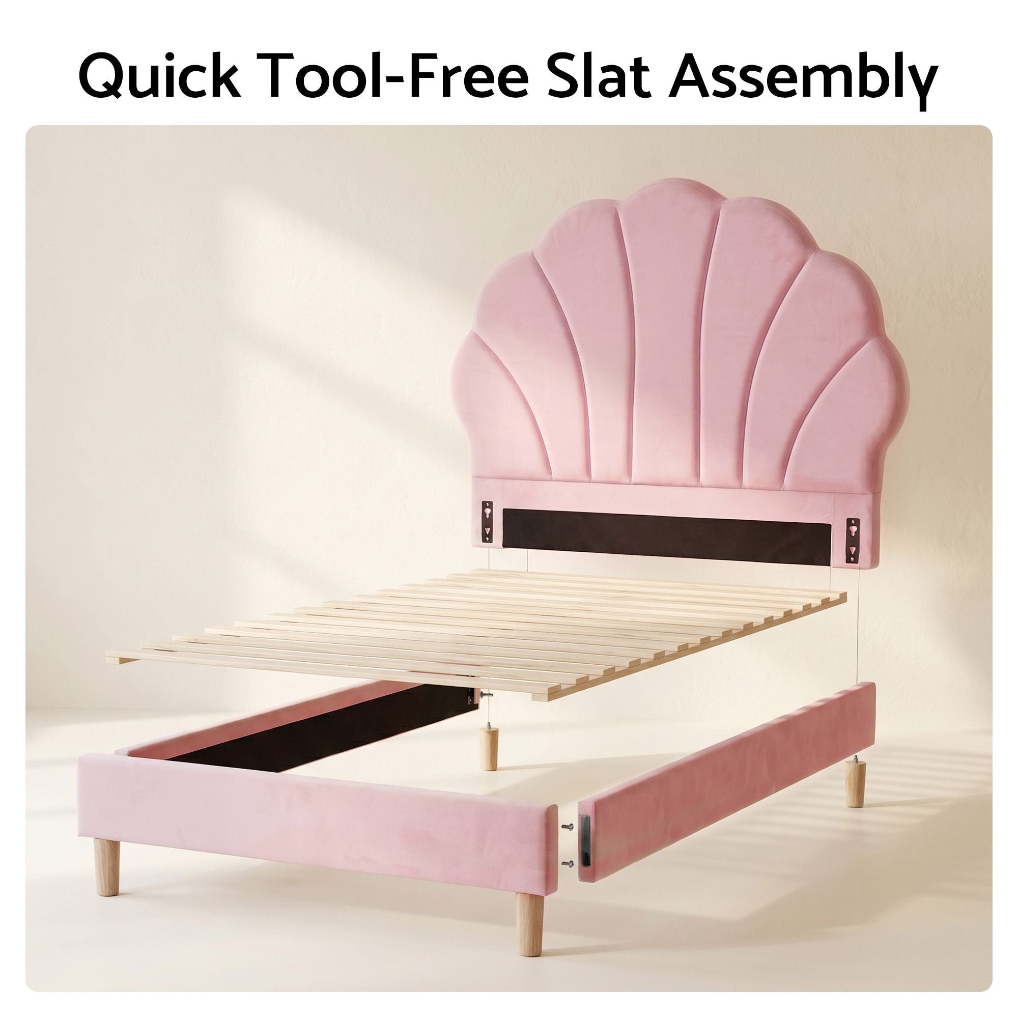 Single Bed Frame Scallop Upholstered Headboard Pink Velvet Platform Base Support up to 180kg