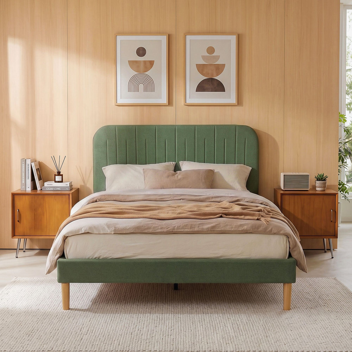 Double Bed Frame with Padded Headboard, 300kg Capacity - Green Fabric