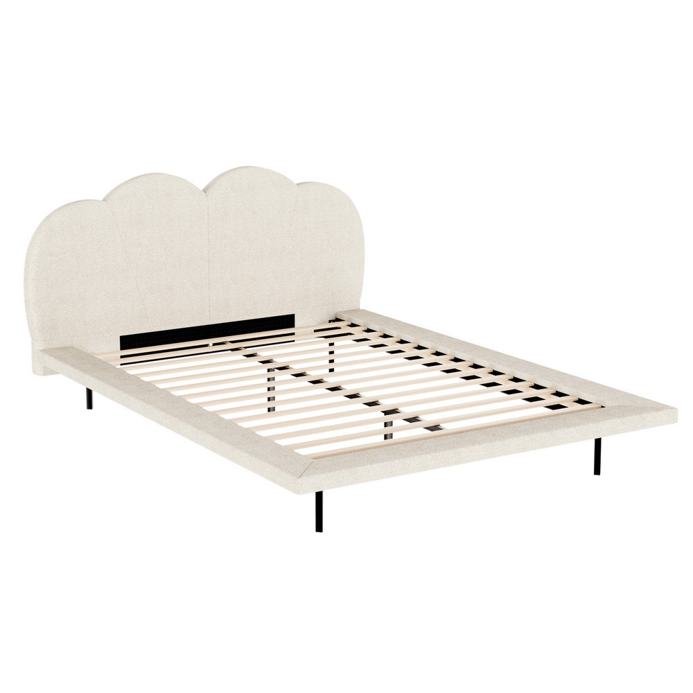 Sasa Queen LED Bed Frame Boucle Beige with scalloped headboard, solid hardwood slats, and sleek black legs for bedroom furniture