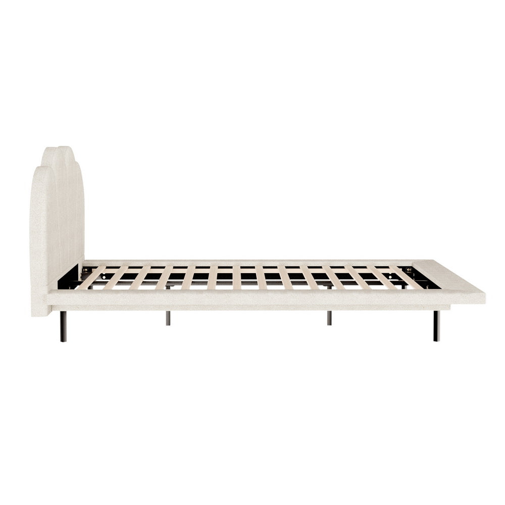 Sasa Queen LED Bed Frame Boucle Beige with upholstered tufted headboard, wooden slats, and metal legs in bedroom furniture style