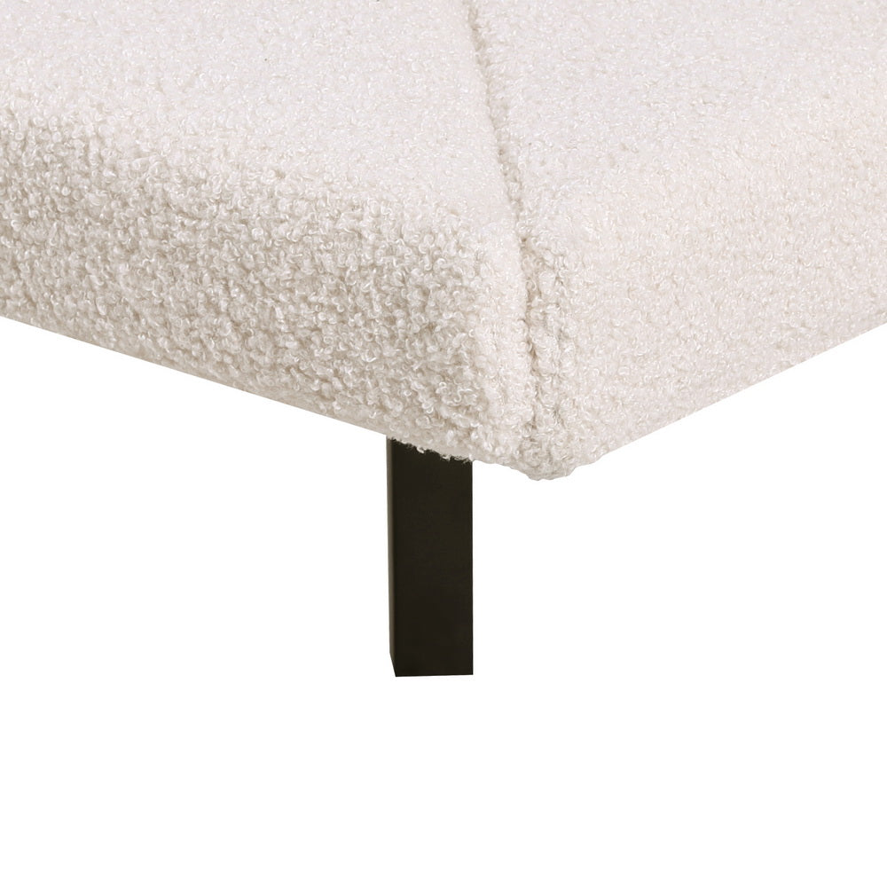 Sasa Queen LED Bed Frame Boucle Beige corner detail showing textured upholstery and black metal leg in bedroom furniture style