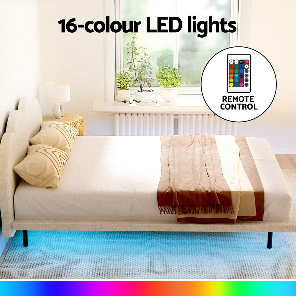Sasa Queen LED Bed Frame Boucle Beige with 16-color LED lights and remote control in a bright bedroom setting