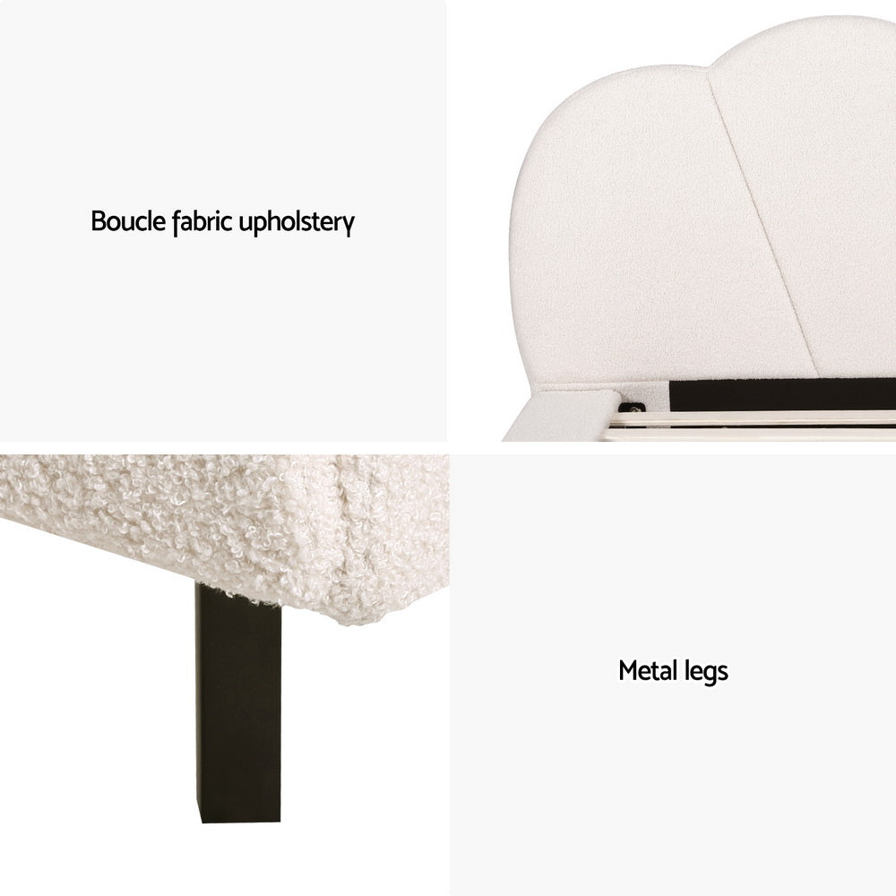 Sasa Queen LED Bed Frame Boucle Beige with boucle fabric upholstery, curved headboard, and black metal legs close-up details