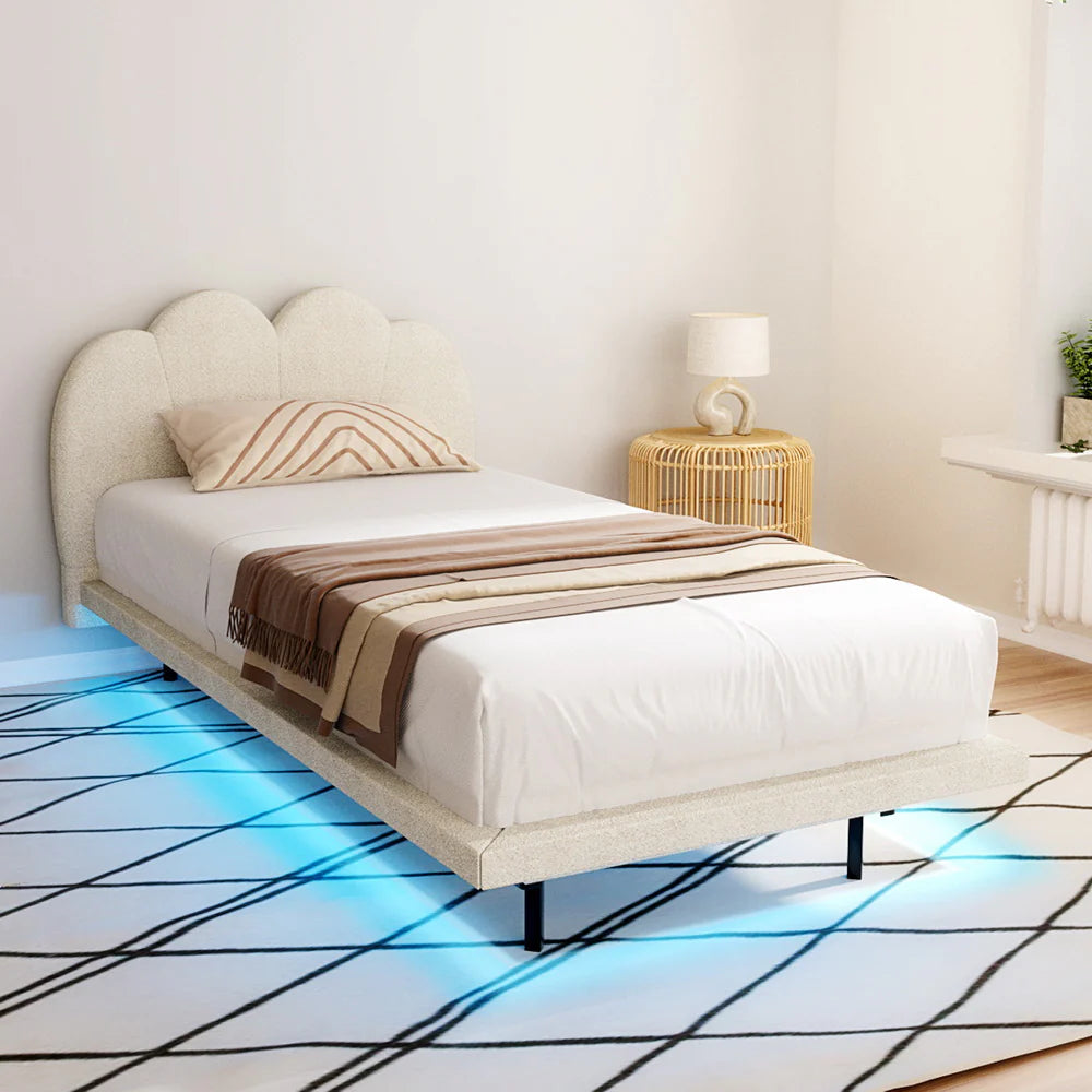 Single Premium Package | Sasa LED Boucle Bed Frame, Alanya Euro Top Pocket Spring Mattress (Medium Firm) & Pillowtop Mattress Topper