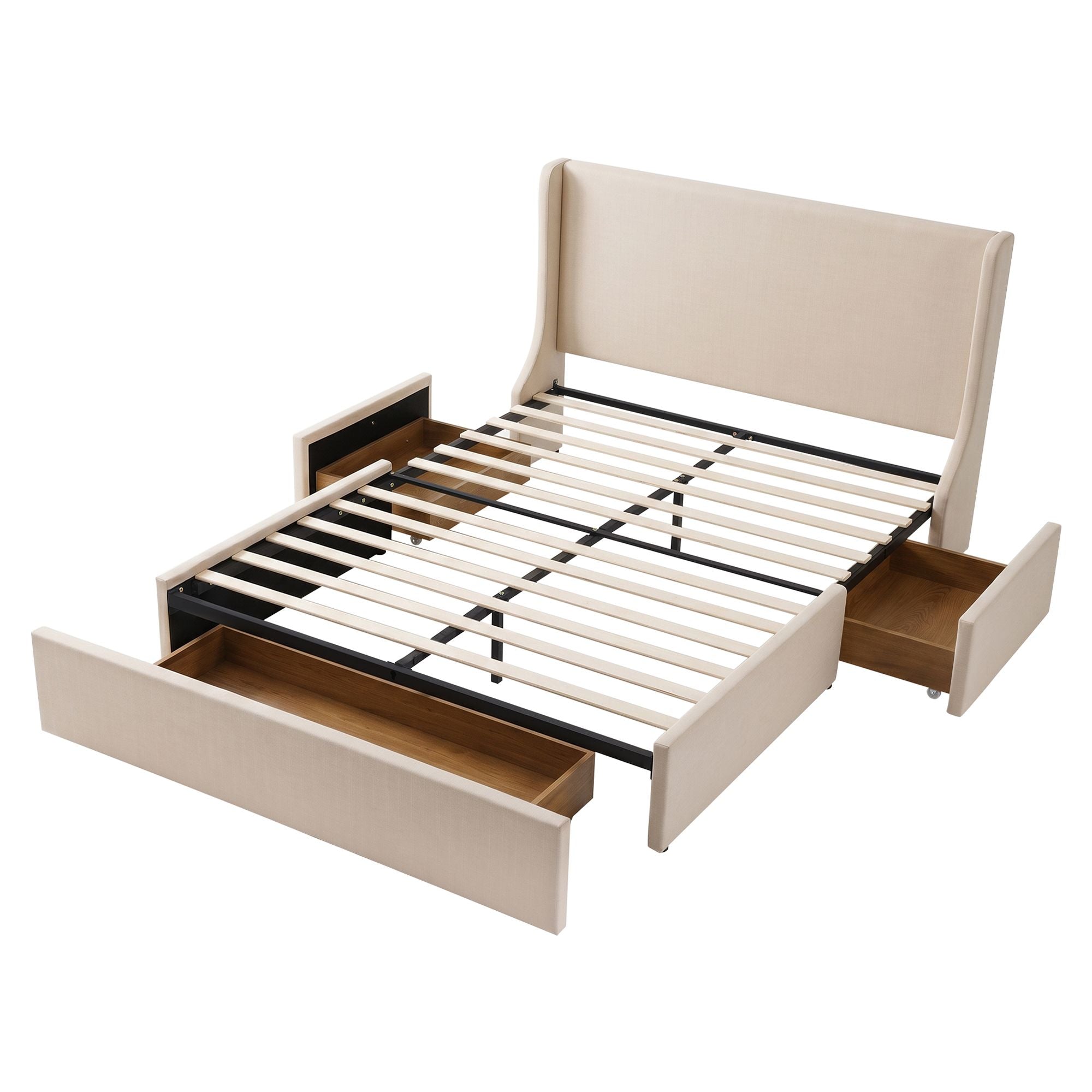 Double Upholstered Bed Frame with 3 Storage Drawers Wingback Headboard Heavy Duty Metal Platform Base