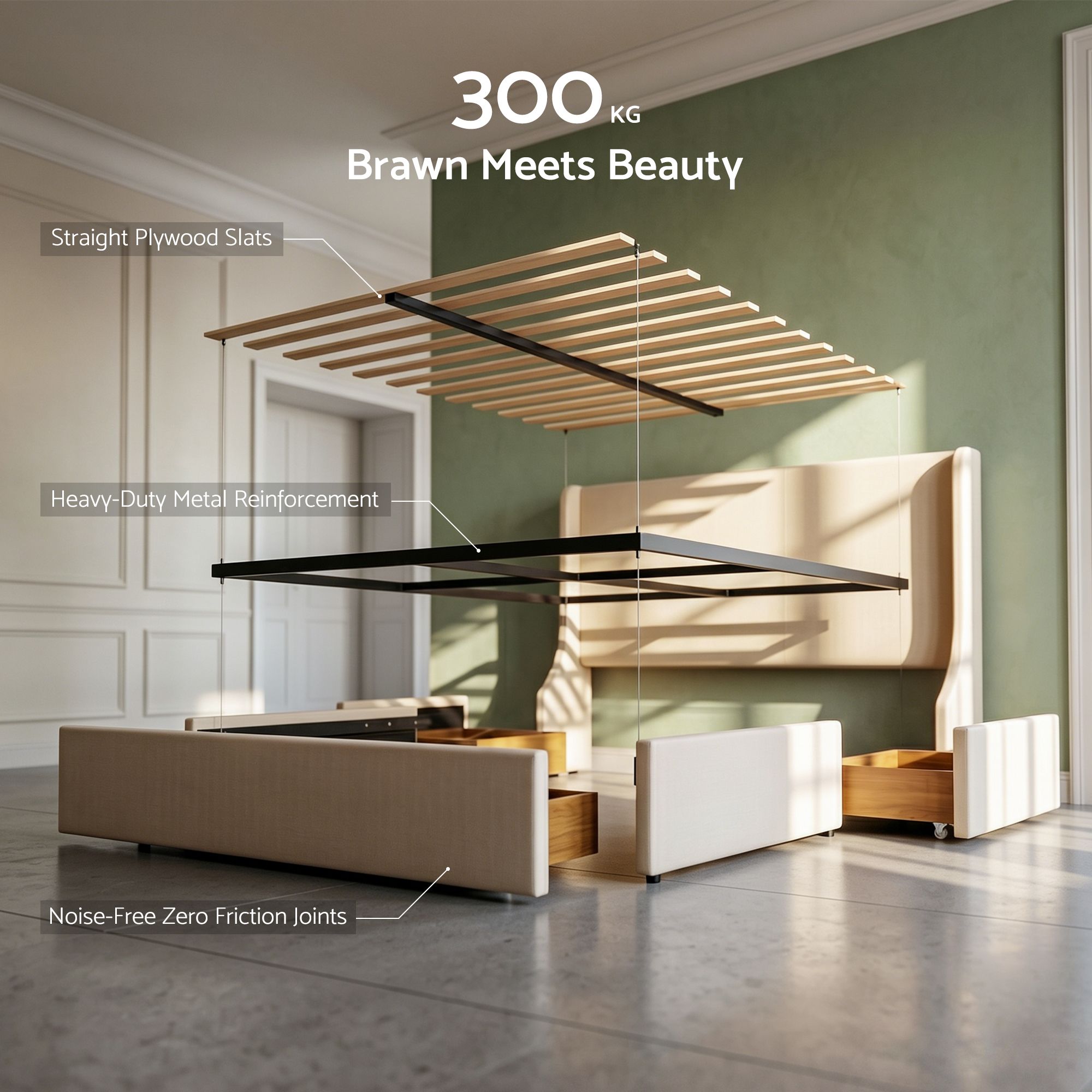 Double Upholstered Bed Frame with 3 Storage Drawers Wingback Headboard Heavy Duty Metal Platform Base