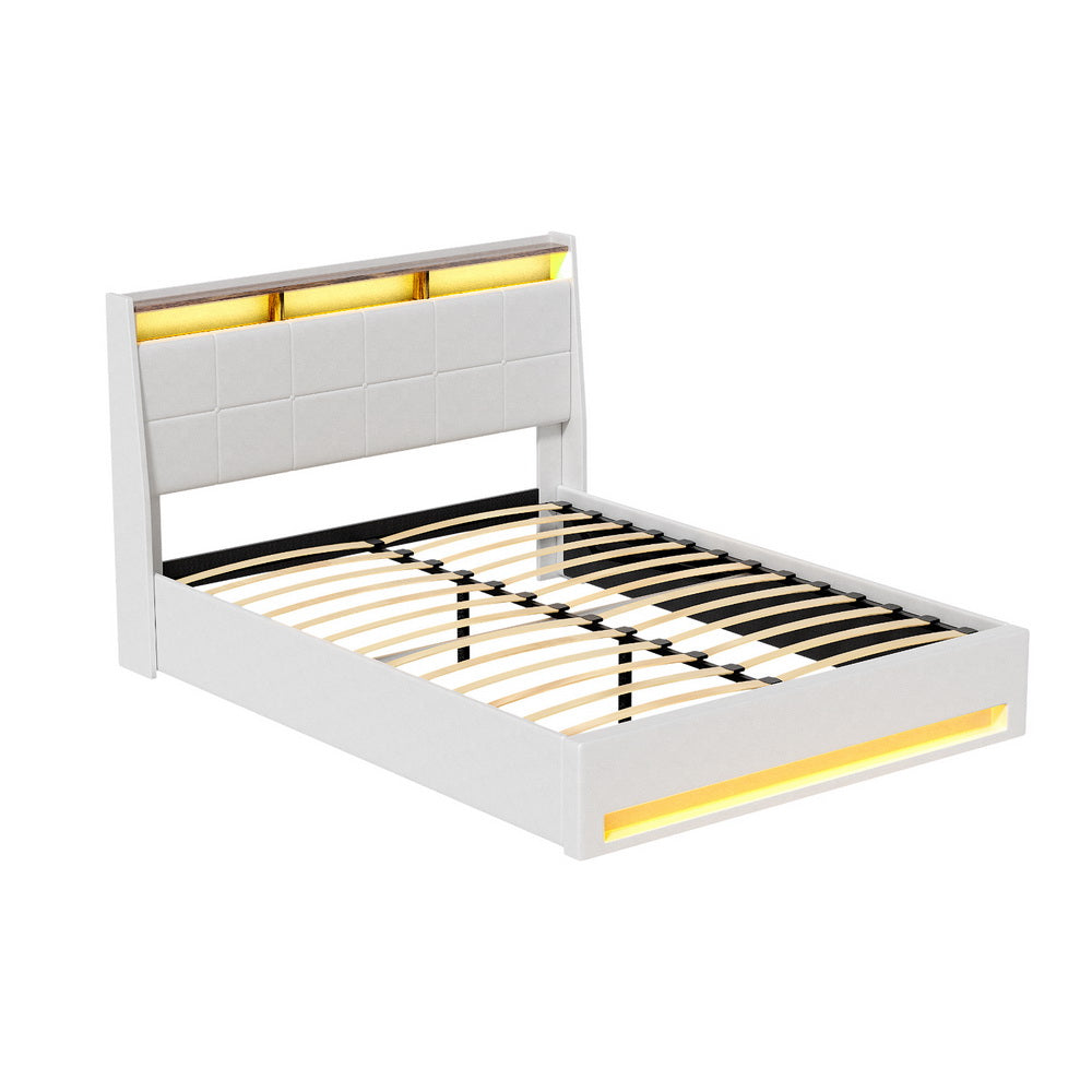Sunset Double Gas Lift Bed Frame with LED Lights & Storage – White, upholstered, with wooden slats and built-in LED lighting