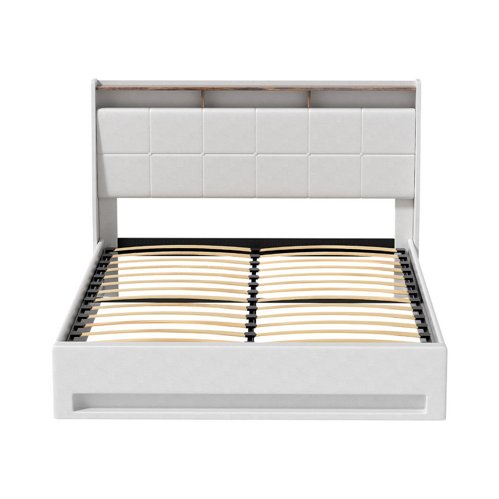 Sunset Double Gas Lift Bed Frame with LED Lights & Storage – White upholstered frame with wooden slats and padded headboard