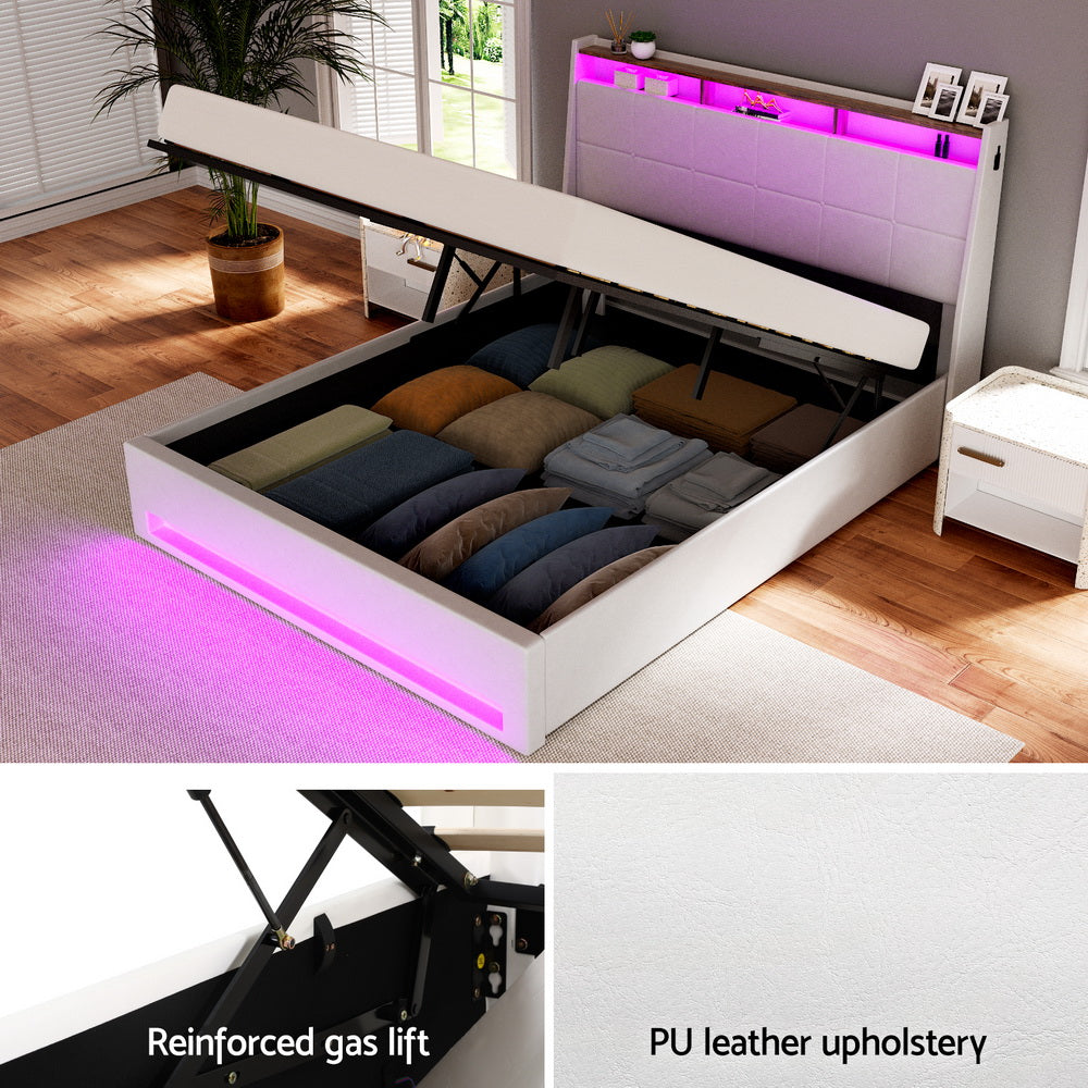 Sunset Double Gas Lift Bed Frame with LED Lights & Storage – White upholstered in smooth PU leather with pink LED lighting and storage space