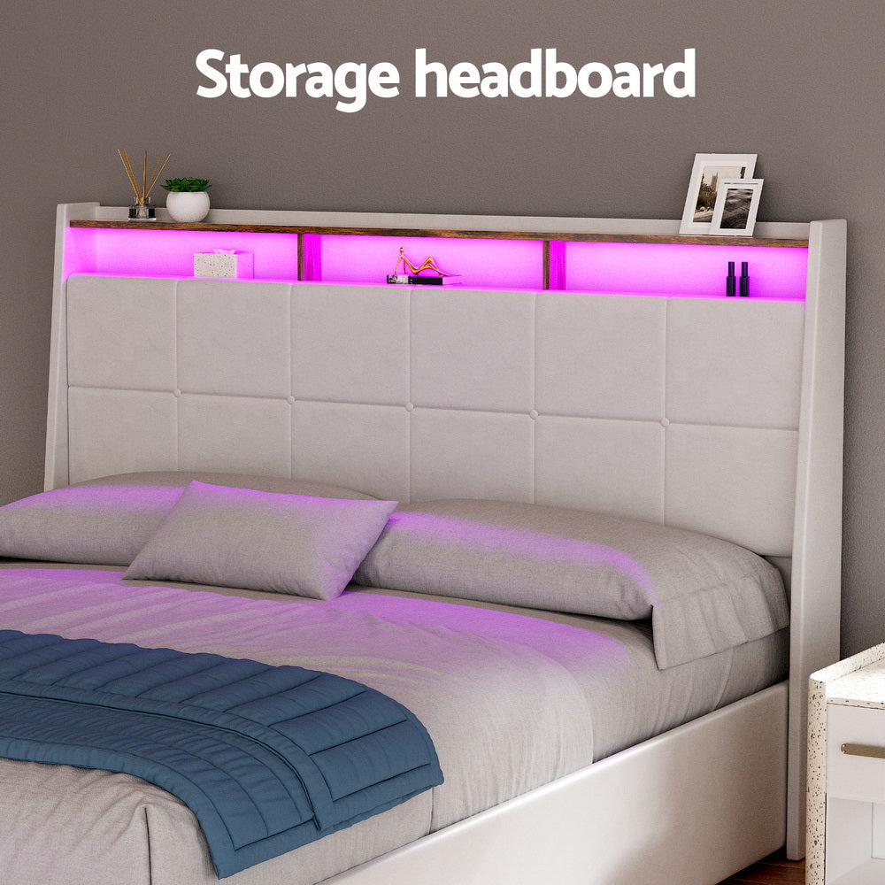 Sunset Double Gas Lift Bed Frame with LED Lights & Storage – White with storage headboard lit by soft pink LED lighting