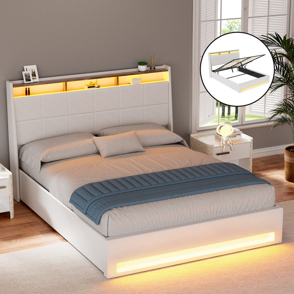 Sunset Double Gas Lift Bed Frame with LED Lights & Storage – White upholstered bed with built-in lighting and lift-up storage compartments
