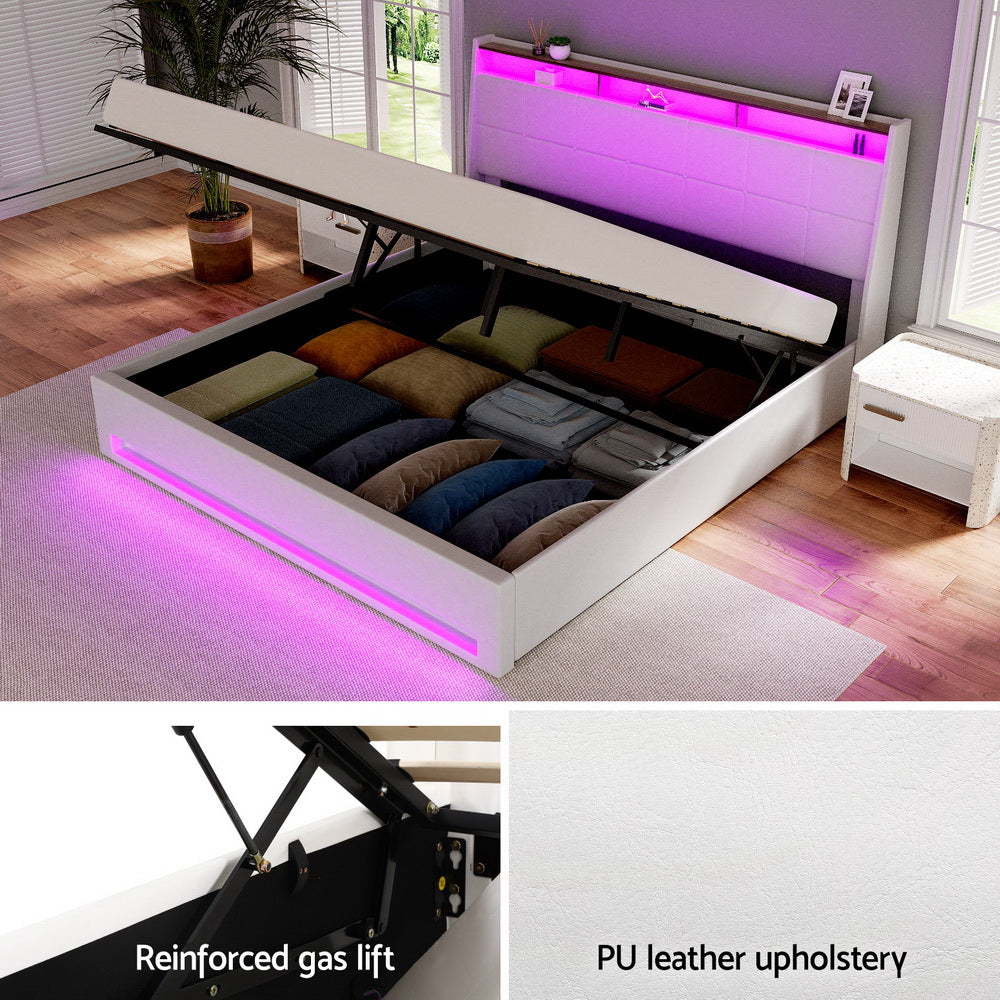 Sunset King Gas Lift Bed Frame with LED Lights & Storage – White