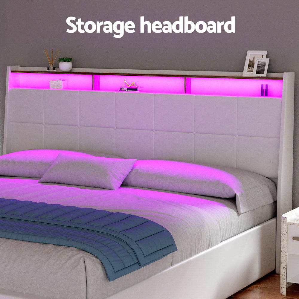 Sunset King Gas Lift Bed Frame with LED Lights & Storage – White