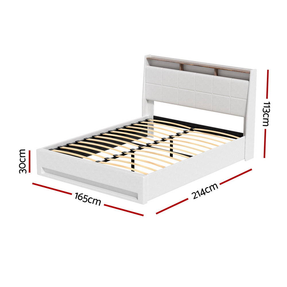 Sunset Queen Gas Lift Bed Frame with LED Lights & Storage – White, upholstered, wooden slats, modern bedroom furniture.