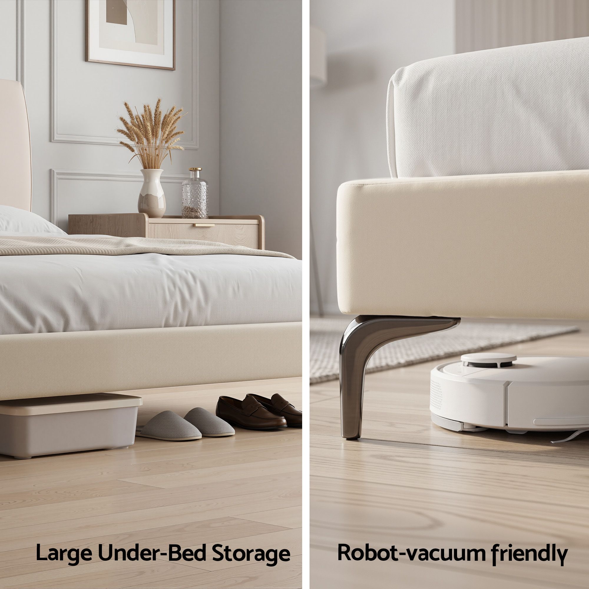 Double Upholstered Platform Bed Frame with Tufted Headboard 300kg Support - Cream White