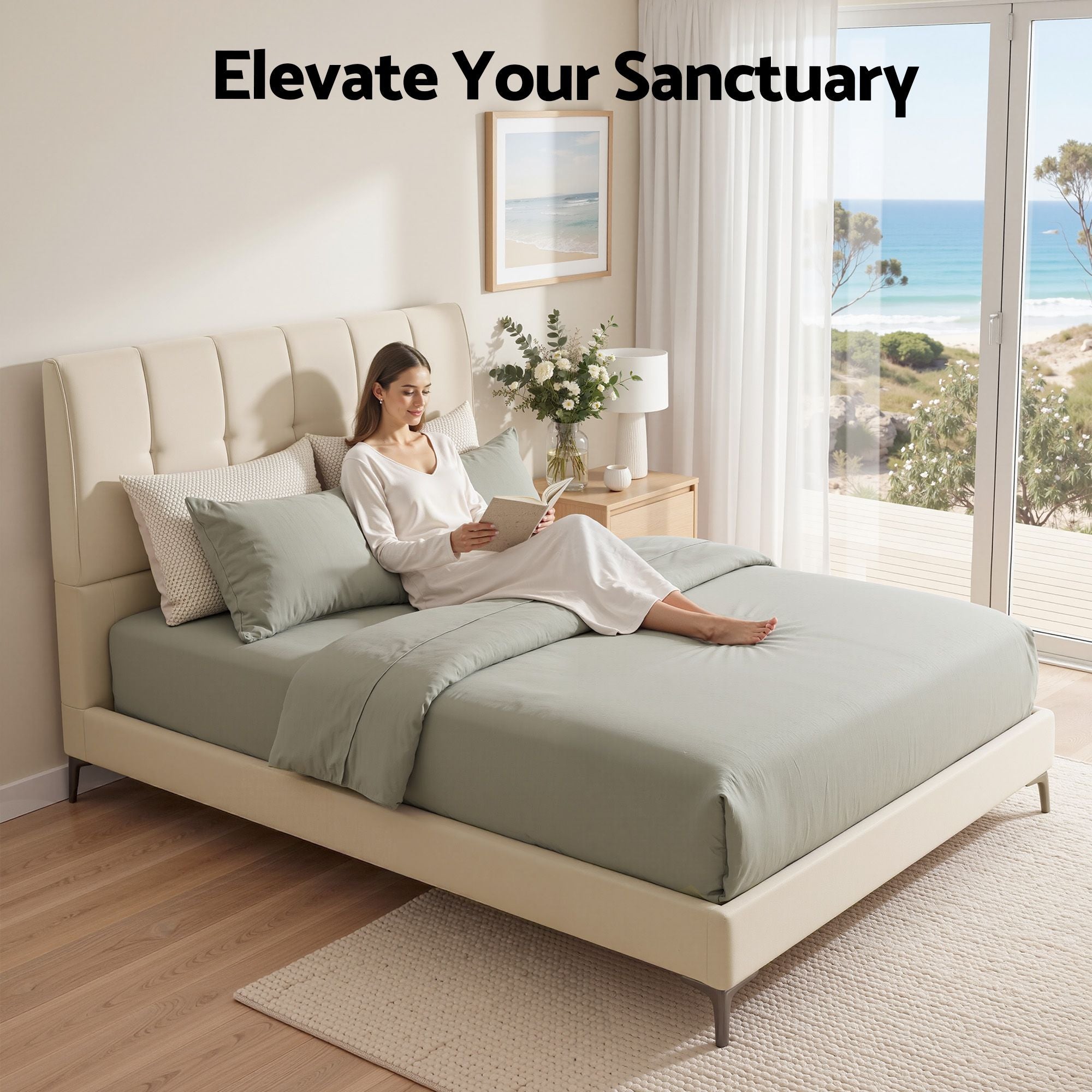 Queen Upholstered Platform Bed Frame with Tufted Headboard 300kg Support - Cream White