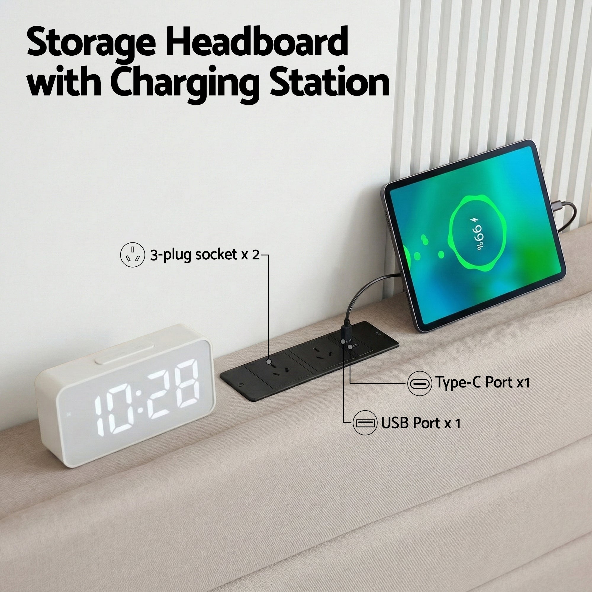 Collaroy Queen Bed Frame with Charging Station - Beige