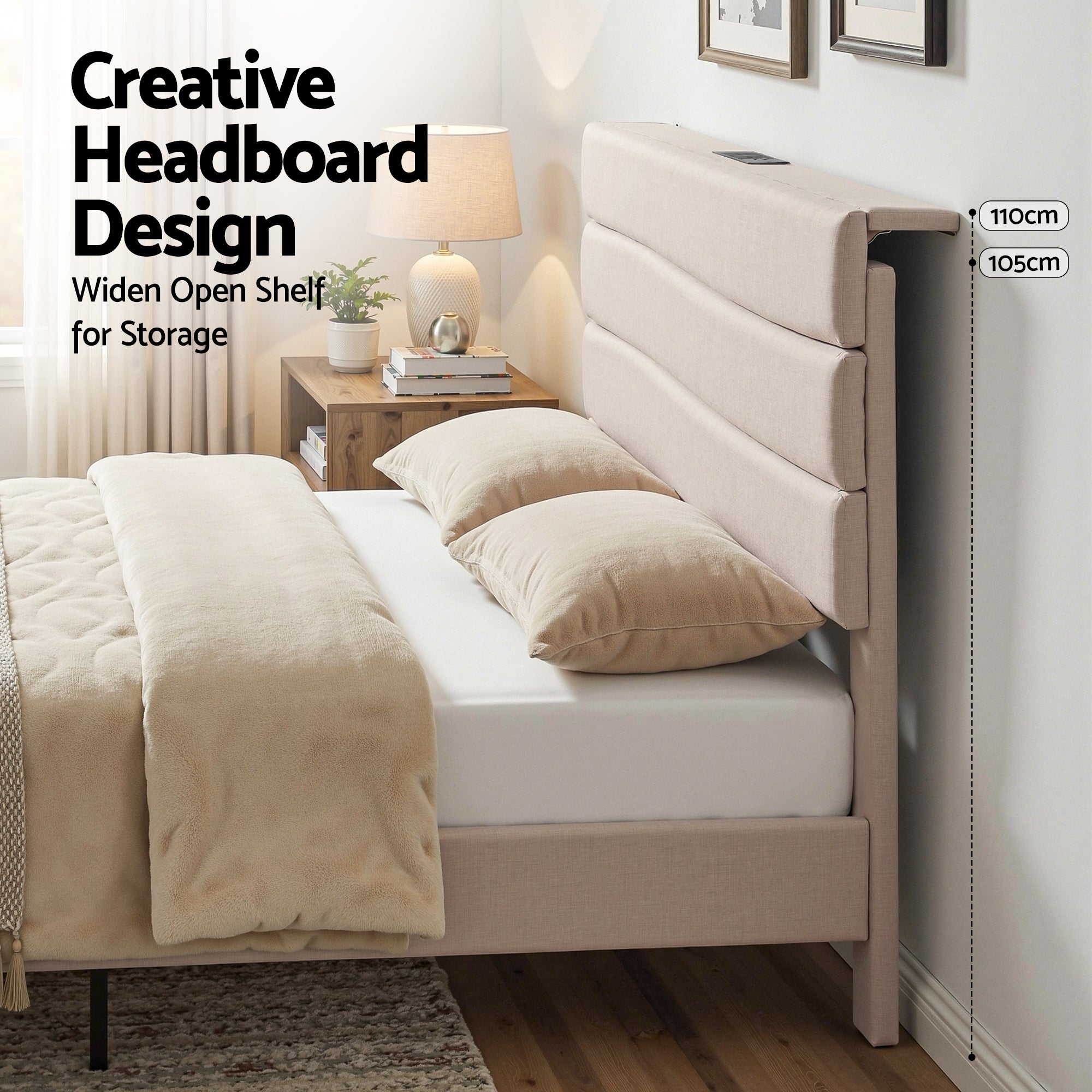 Collaroy Queen Bed Frame with Charging Station - Beige
