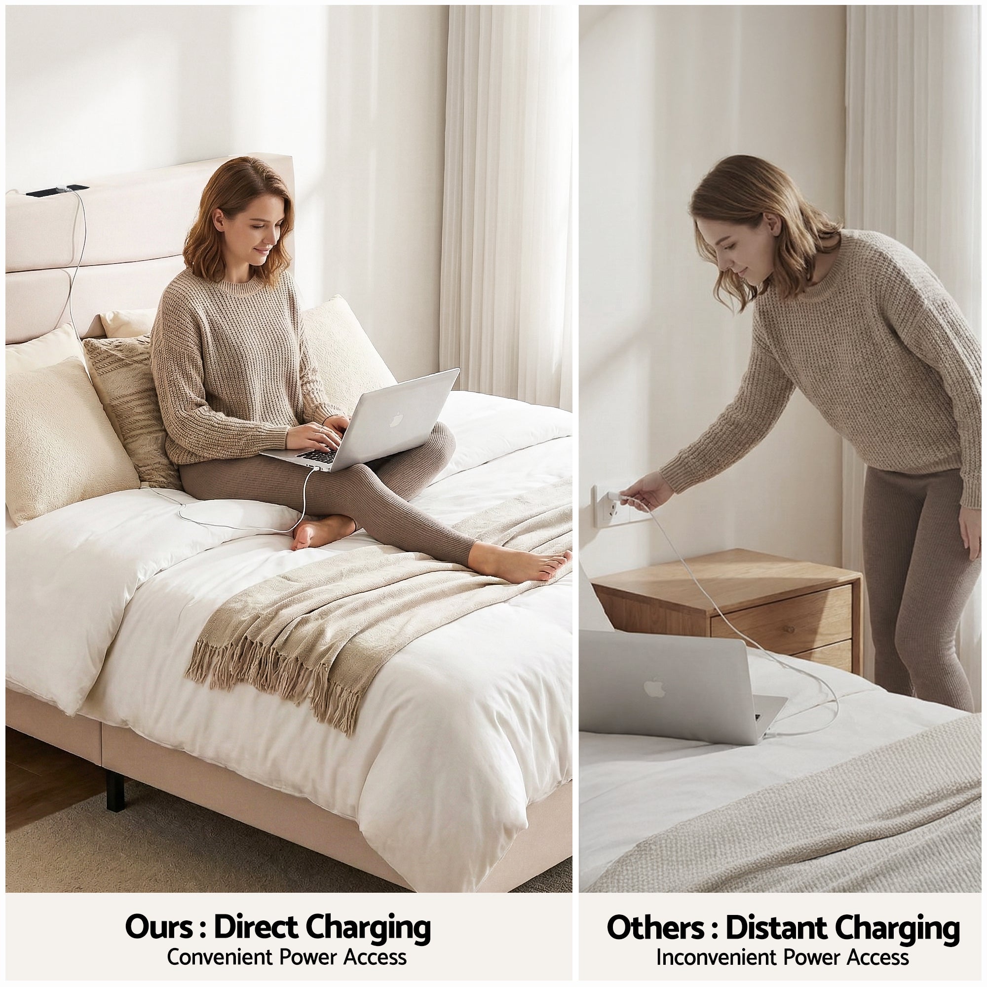 Collaroy Queen Bed Frame with Charging Station - Beige