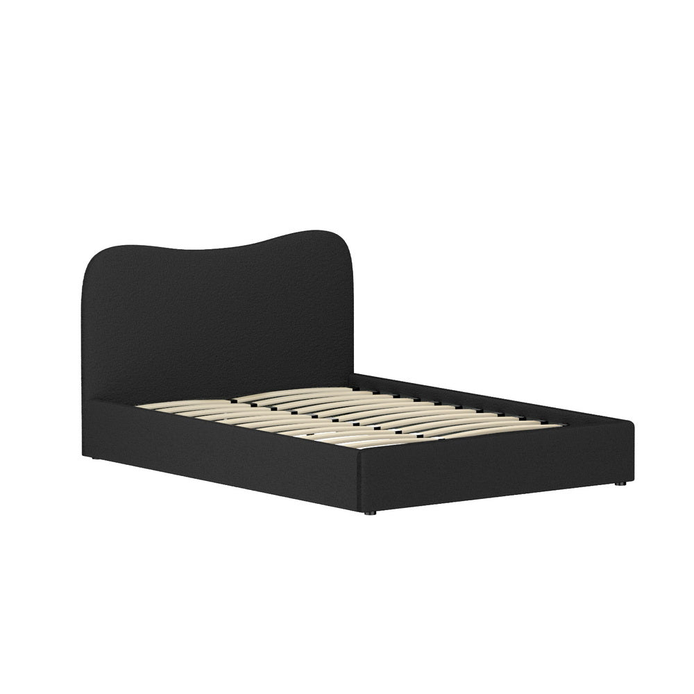 Albany Bouclé Double Bed Frame - Black with curved headboard and wooden slats, modern bedroom furniture by Bedzy