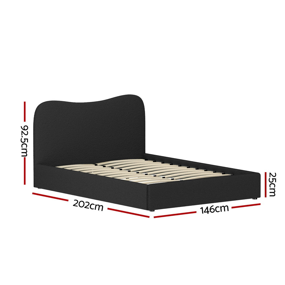 Albany Bouclé Double Bed Frame - Black with textured bouclé fabric, curved headboard, and wooden slats, shown with dimensions.