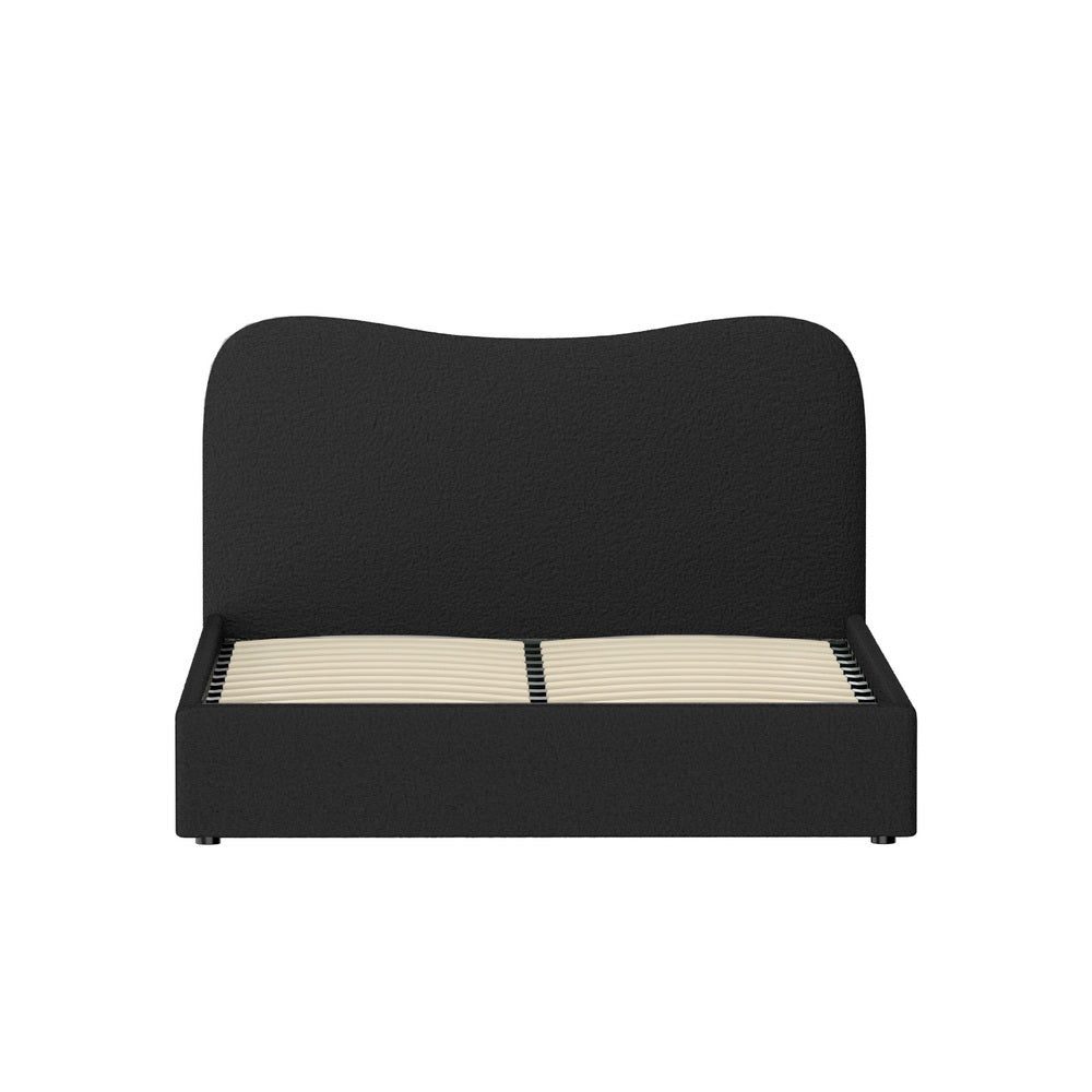 Albany Bouclé Double Bed Frame - Black with textured upholstery and wooden slats, modern bedroom furniture by Bedzy