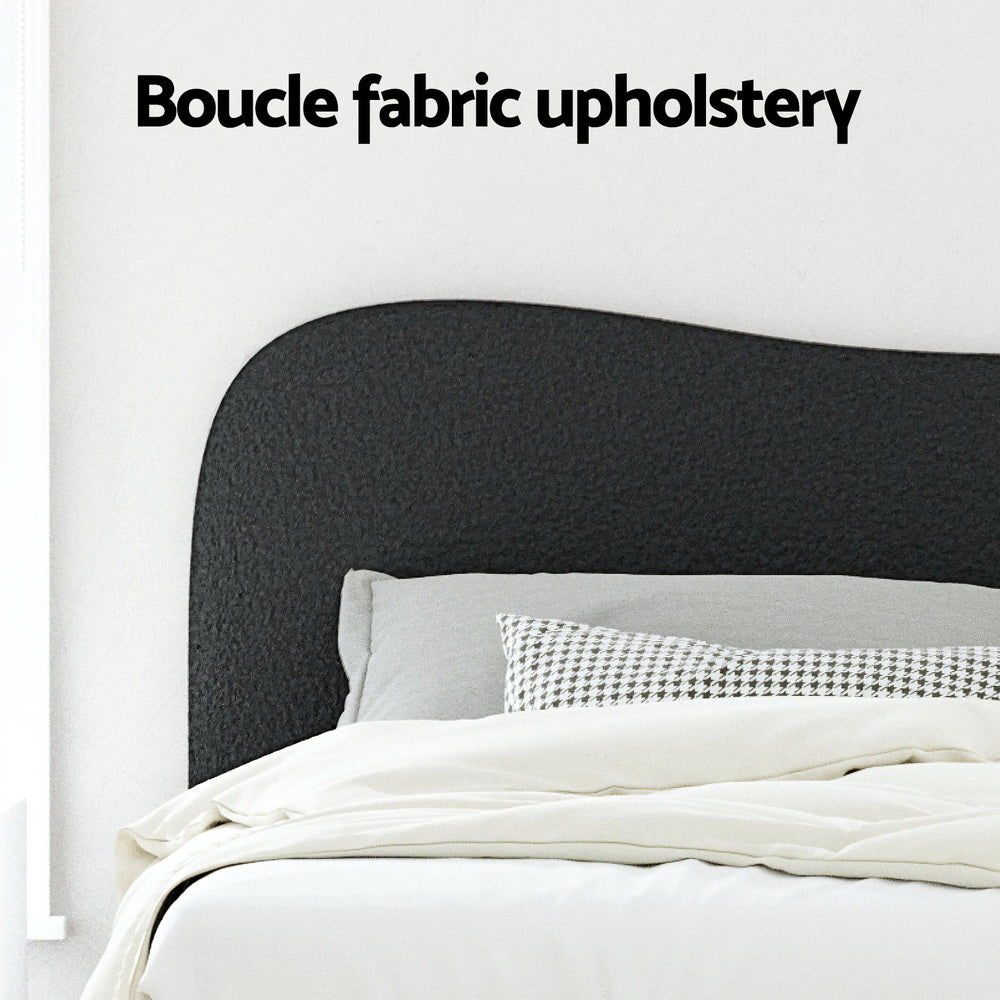 Albany Bouclé Double Bed Frame - Black with curved upholstered headboard in textured bouclé fabric and neutral bedding