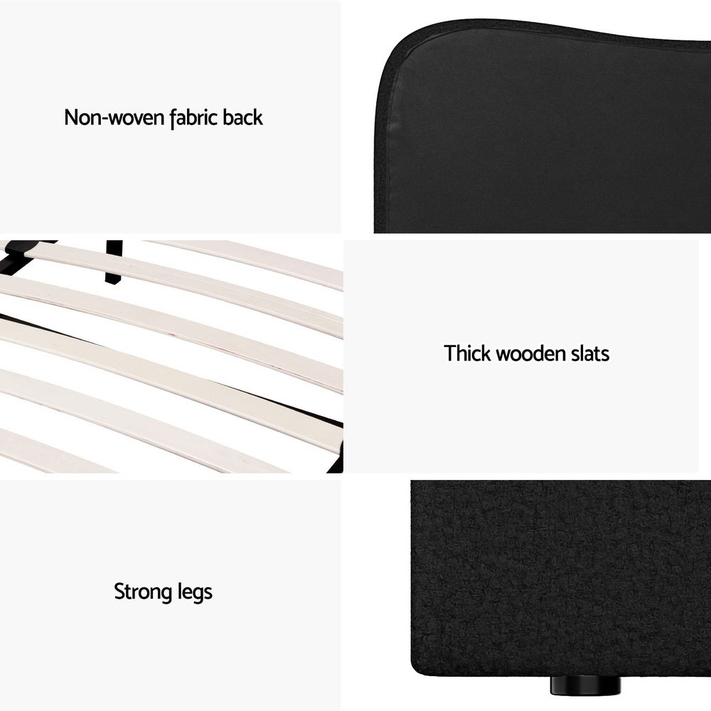 Close-up details of Albany Bouclé Double Bed Frame - Black showing thick wooden slats, strong legs, and non-woven fabric back.