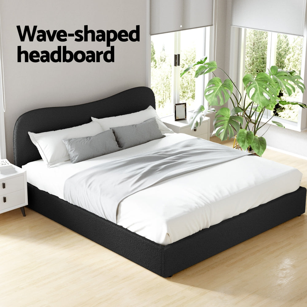 Albany Bouclé King Bed Frame - Black with wave-shaped headboard and textured upholstery in bright bedroom setting