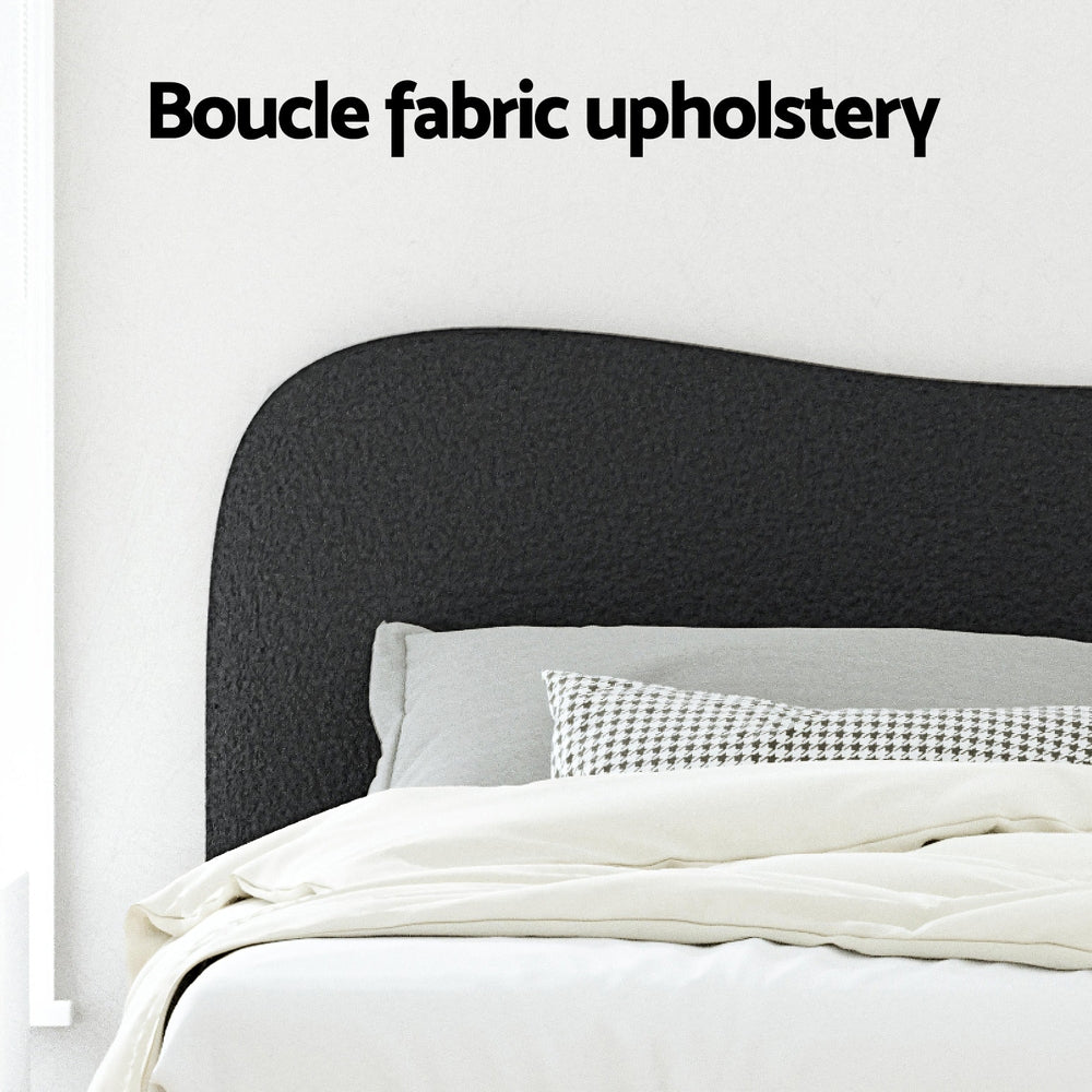 Albany Bouclé Queen Bed Frame - Black with textured bouclé fabric upholstery and minimalist modern design in a bedroom setting