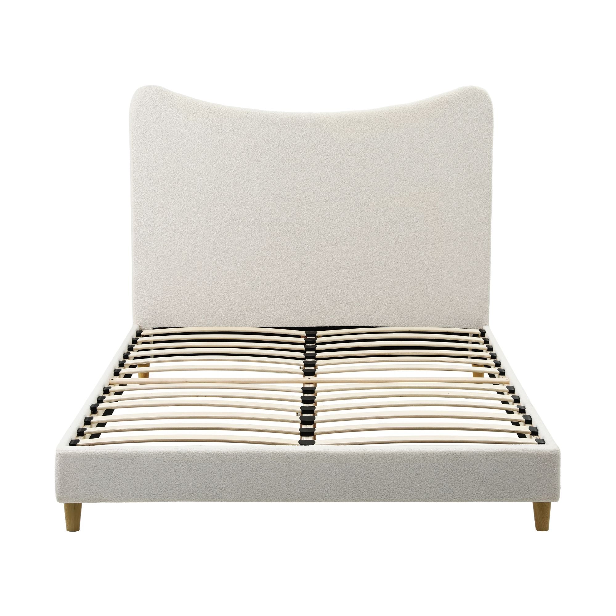 Double Bed Frame with Curved Boucle Headboard, 300kg Capacity - Beige