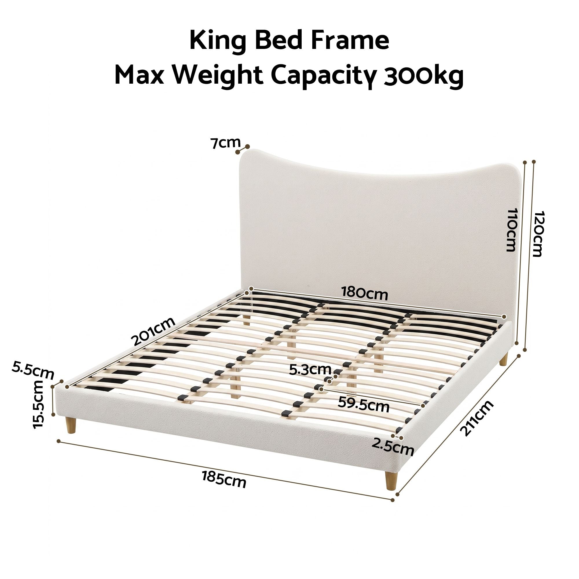 Queen Bed Frame with Curved Boucle Headboard 300kg Capacity - Beige