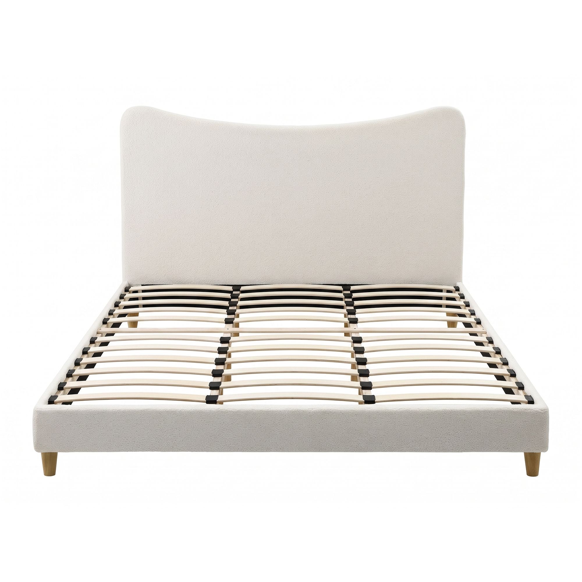 Queen Bed Frame with Curved Boucle Headboard 300kg Capacity - Beige