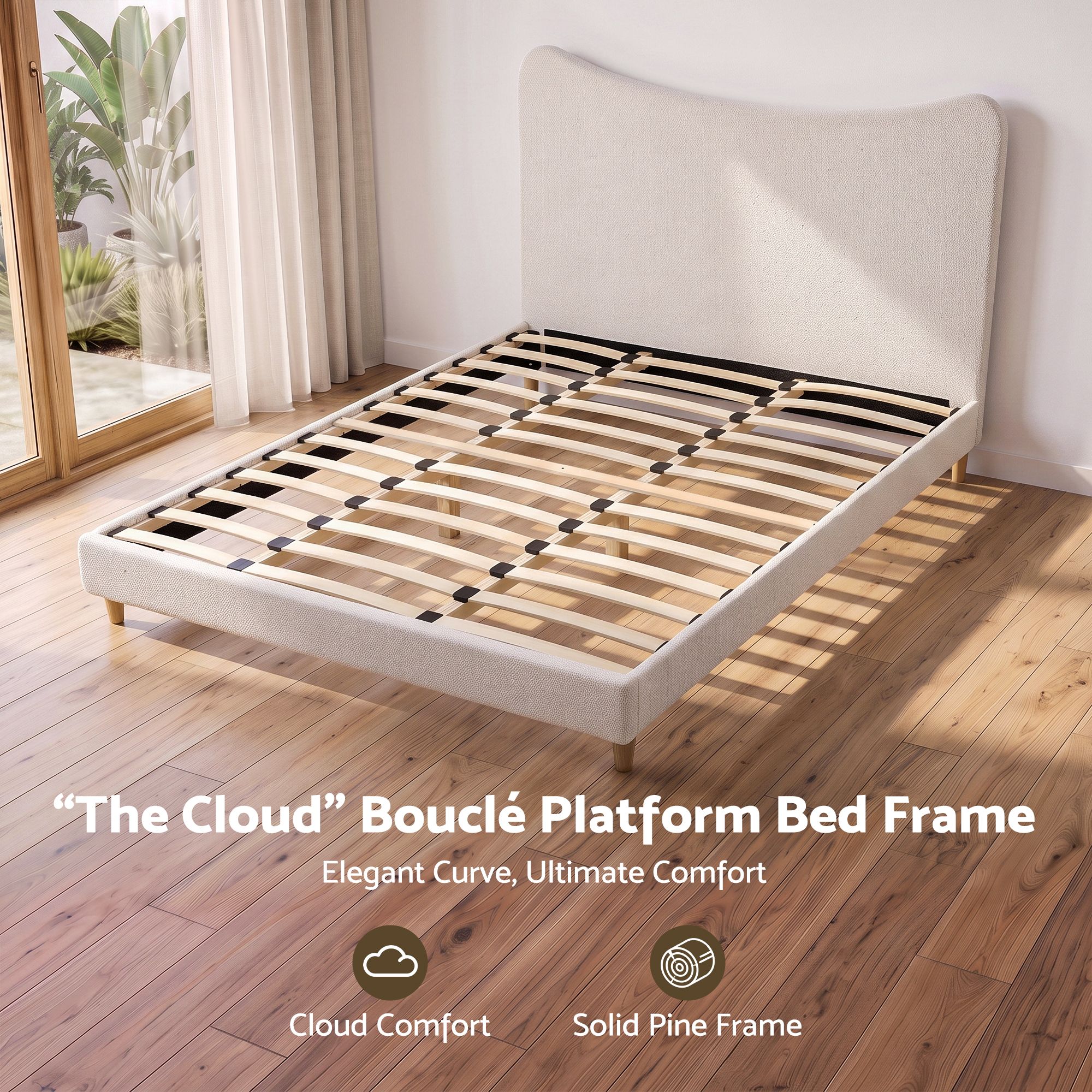 Queen Bed Frame with Curved Boucle Headboard 300kg Capacity - Beige
