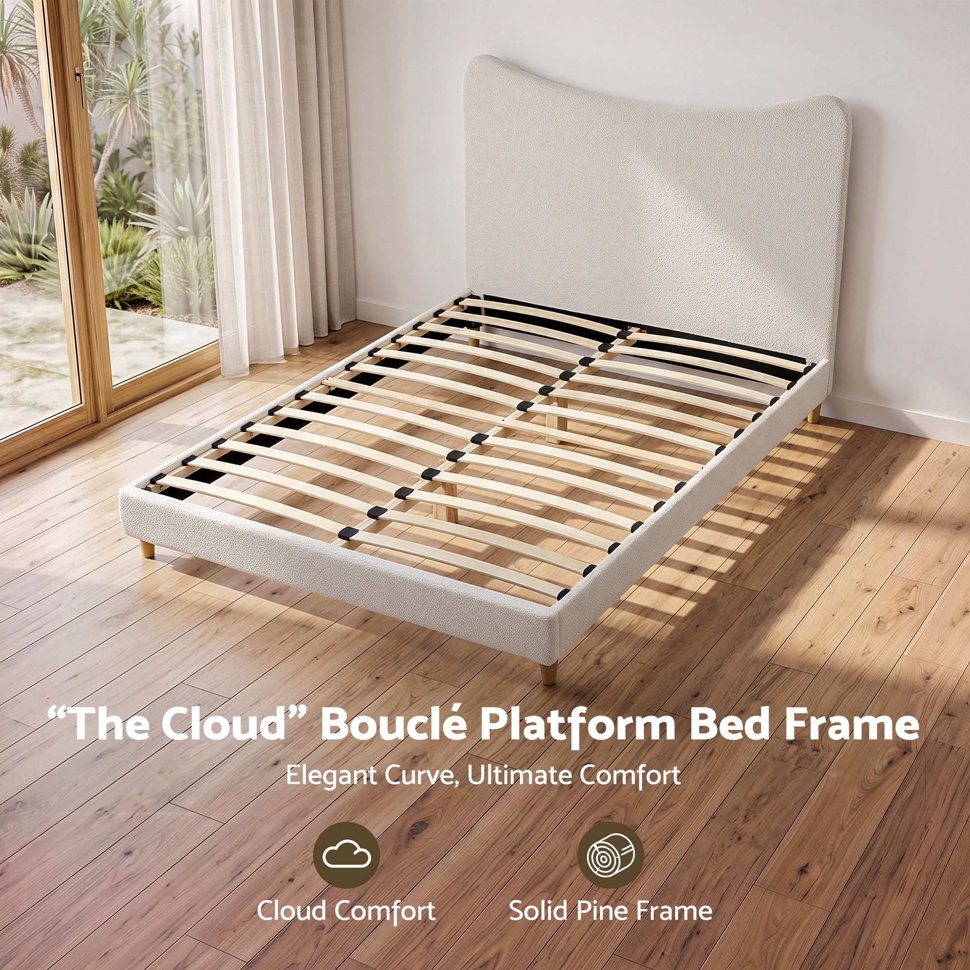 Queen Bed Frame with Curved Boucle Headboard 300kg Capacity - Beige
