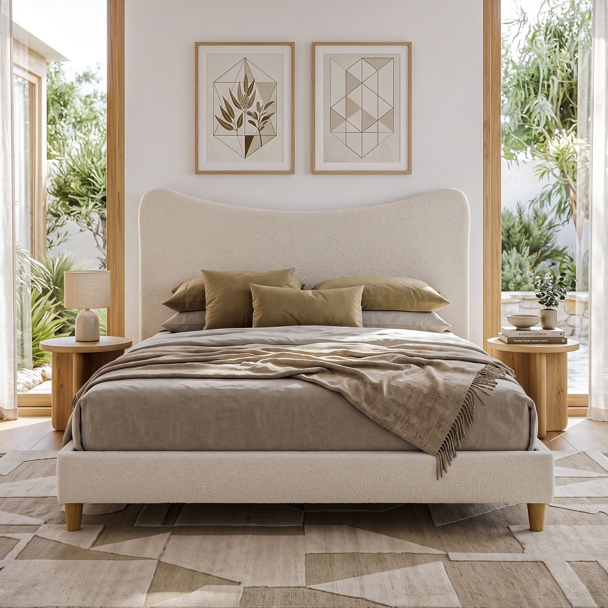 Queen Bed Frame with Curved Boucle Headboard 300kg Capacity - Beige