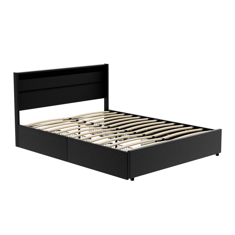 Dunelight LED Queen Bed Frame with 4 Storage Drawers - Black, showing wooden slats and black upholstered frame without LED lit.