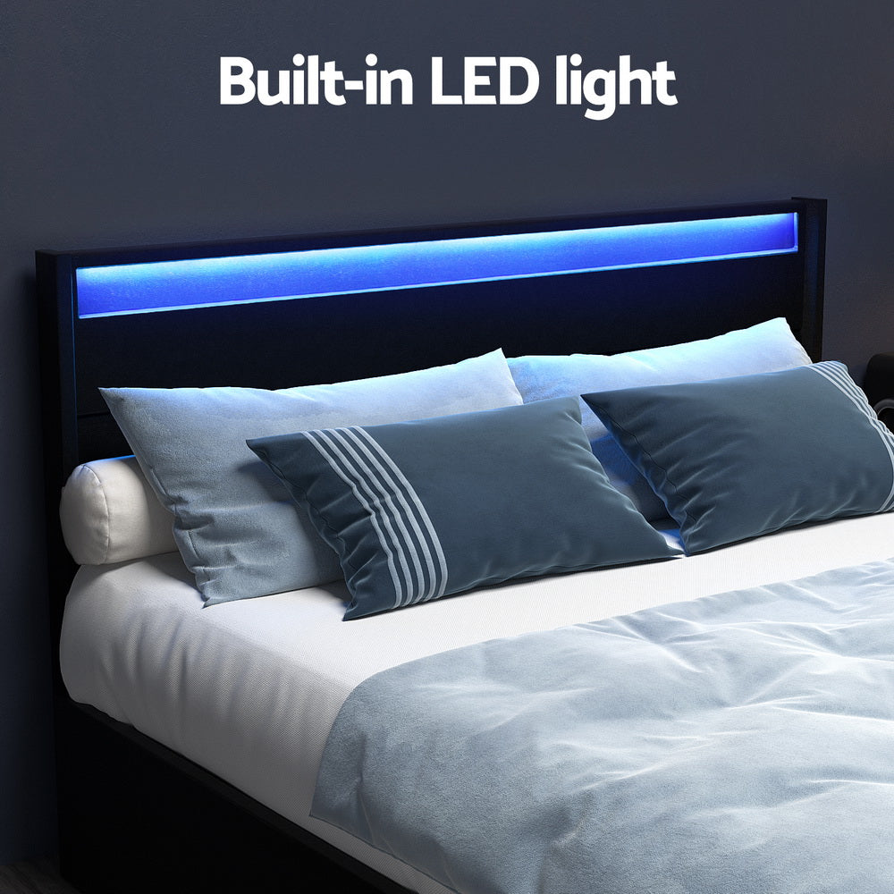 Dunelight LED Queen Bed Frame with 4 Storage Drawers - Black featuring built-in blue LED lighting on headboard and modern bedding