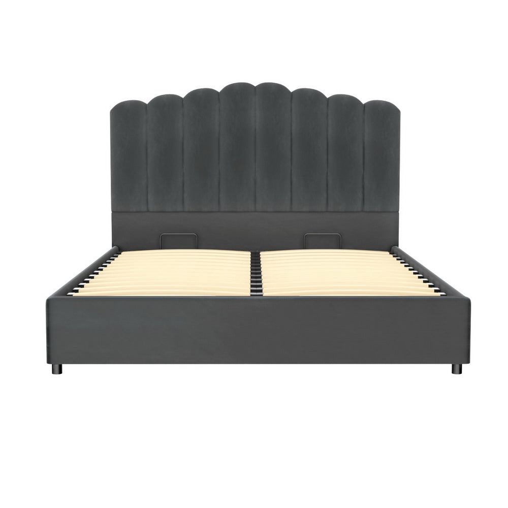 Fion Double Velvet Storage Bed - Grey with scalloped upholstered headboard and wooden slats for storage functionality