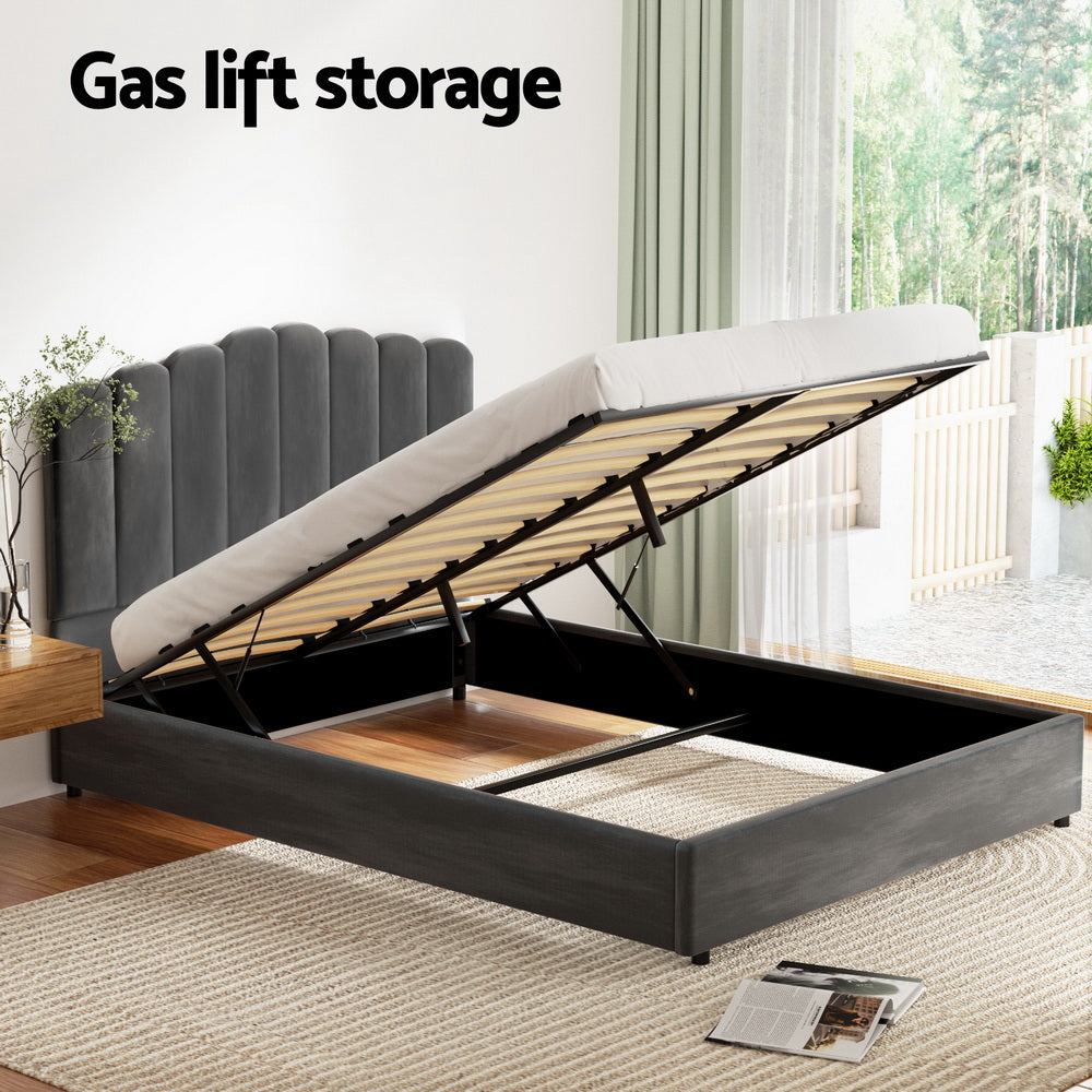 Fion Double Velvet Storage Bed - Grey with gas lift storage, velvet upholstery, padded headboard, and wooden slats in bedroom setting