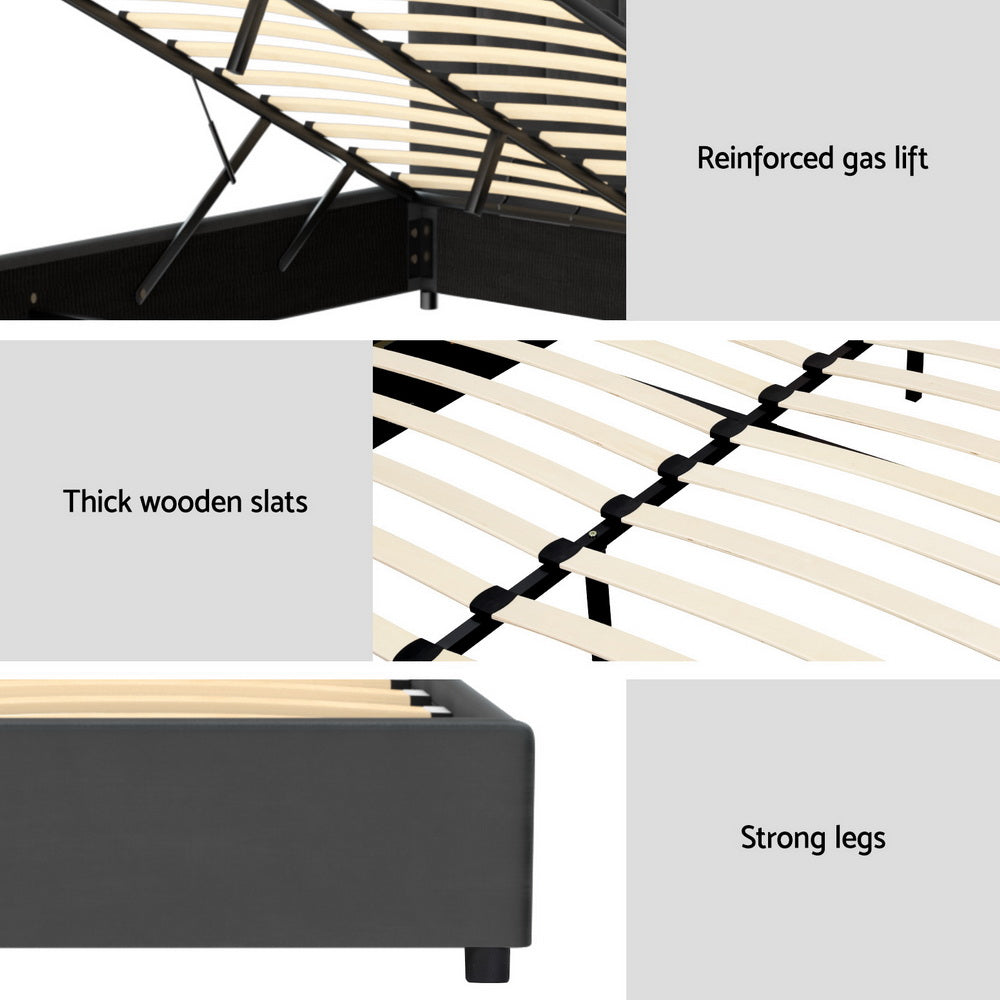 Fion Double Velvet Storage Bed - Grey showing reinforced gas lift, thick wooden slats, and strong legs in bedroom furniture style