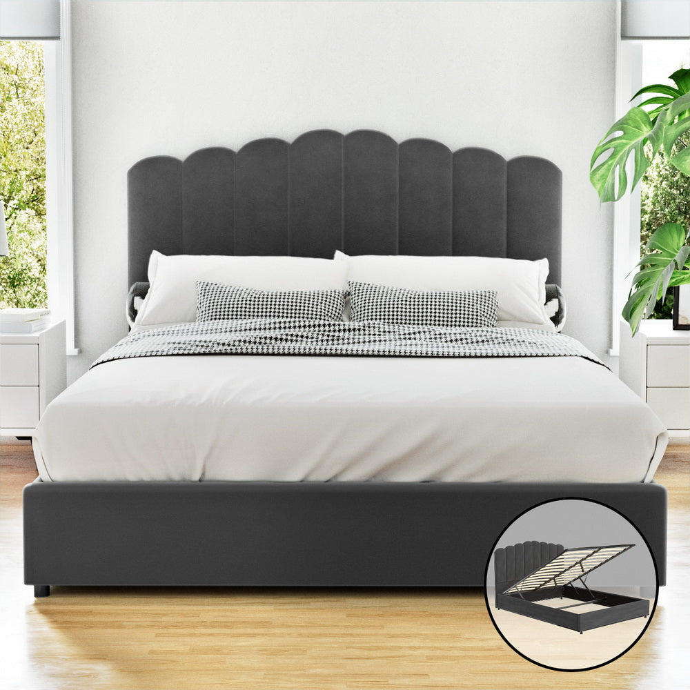 Fion Double Velvet Storage Bed - Grey with scalloped headboard, plush velvet upholstery, and gas lift storage system in bedroom setting